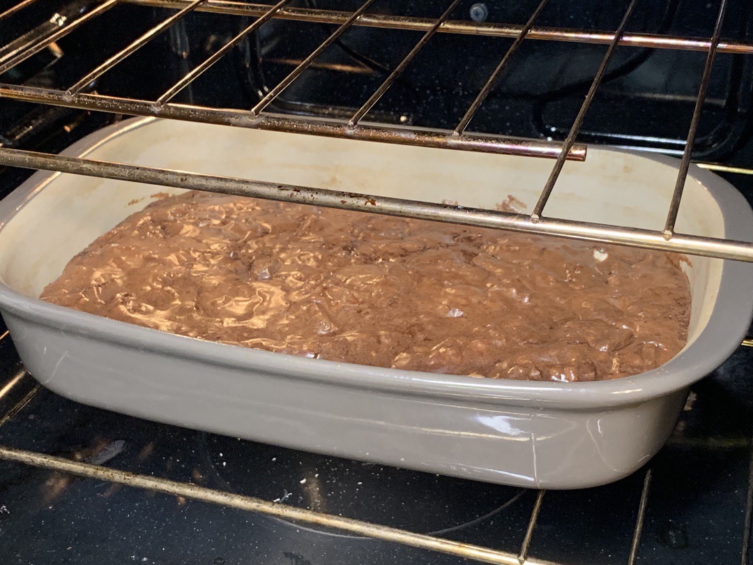 Cooked brownies in pan in oven