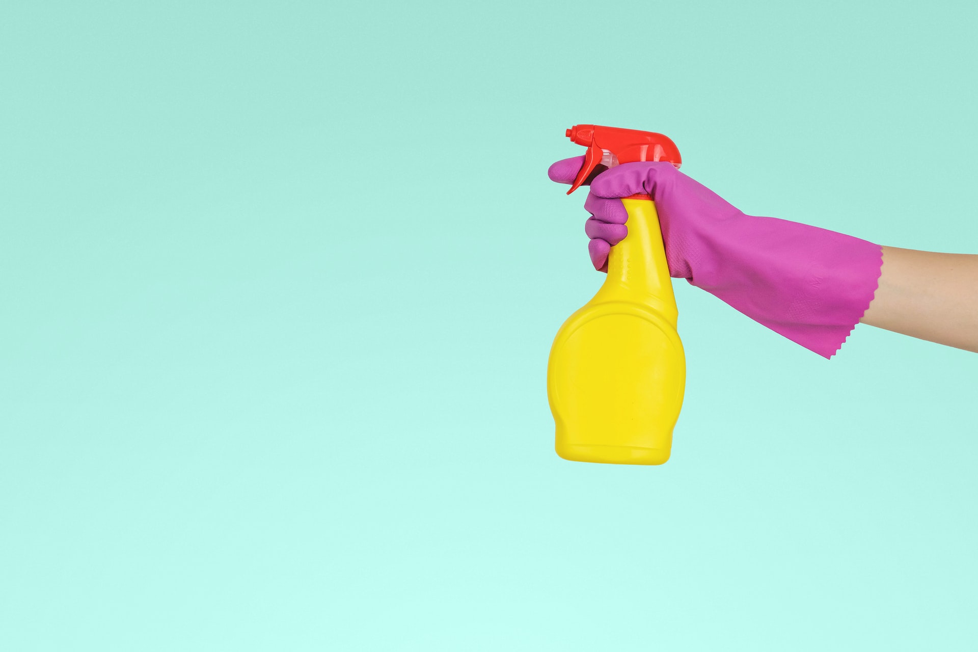 cleaning gloves holding spray bottle